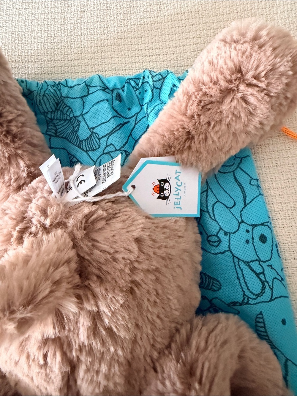 Elephant Jellycat with Turquoise Drawstring Kids Accessory Bag with Orange Cords - Picture 4 of 5